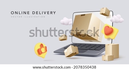 Online delivery banner with 3d realistic laptop, parcels, clouds, and social icons in realistic style. Vector illustration