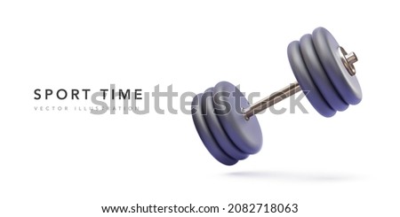 Creative concept 3d realistic dumbbell with black plates levitating in air on white background. Front view with copy space. Vector illustration