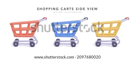 Set of shopping carts side views isolated on white background in 3d realistic style. Vector illustration