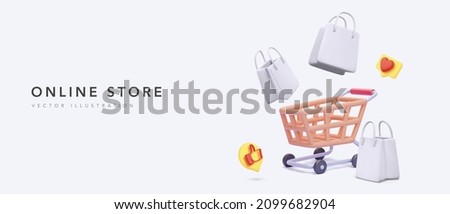 Online store banner with shopping cart and white gift bags and social icons in 3d realistic style. Vector illustration