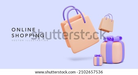 Banner for online shopping with 3d realistic gifts and gift bags for valentine's day, new year, and other holidays isolated on blue background. Vector illustration