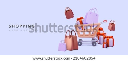 Template banner for online store with shopping cart with purchases, gifts, boxes. Delivery from a supermarket. Vector illustration