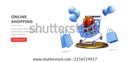 Online shopping banner design with 3d rendering cart with red gift on white background with balloons and shopping bags. Vector illustration
