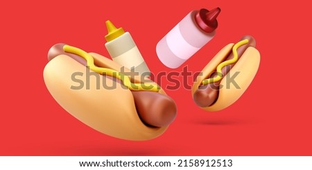 Fast food banner with 3d realistic flying hotdogs with ketchup and mustard isolated on red background. Vector illustration