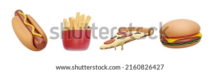 Set of 3d realistic render fast food elements icon set. Pizza slice, burger, french fries, hot dog isolated on white background. Vector illustration