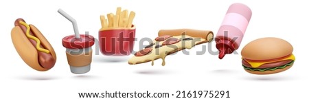 Set of 3d realistic render fast food elements icon set. Pizza slice, burger, french fries, coffee cup, hot dog, ketchup bottle isolated on white background. Vector illustration