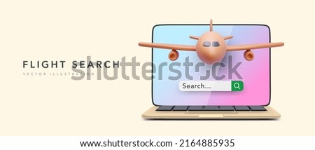 Concept banner for flight search in 3d realistic style with laptop and aircraft. Vector illustration