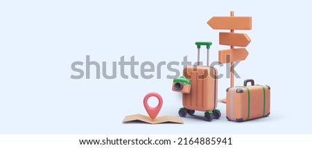 Concept banner for turism in 3d realistic style with map, pointer, road sign, suitcase, camera. Vector illustration