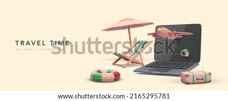 Concept banner for tourism agency in 3d realistic style with laptop, airplane, suitcase, umbrella, beach chair and camera. Vector illustration