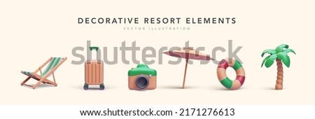 Set of decorative elements in 3d realistic style beach chair, suitcase, camera, umbrella, palm tree, lifebuoy. Vector illustration