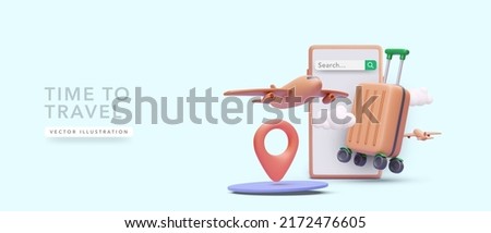3d realistic phone with airplane, suitcase, clouds, pointer. Vector illustratio