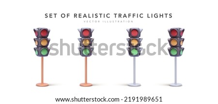 Set of 3d realistic traffic lights isolated on white background. Vector illustration