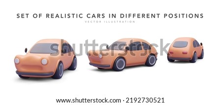 Set of 3d realistic cars in different position with shadow isolated on white background. Vector illustration 