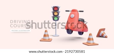 Concept poster for driving courses in 3d realistic style with scooter, traffic cones and traffic lights. Vector illustration