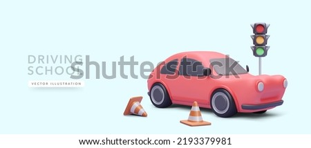 Concept banner for driving school with 3d realistic red car, road cones, traffic light. Vector illustration Photo stock © 