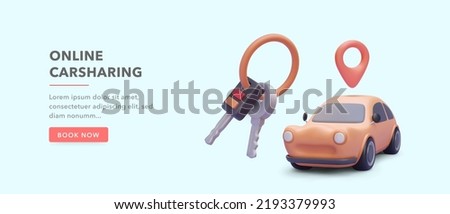 Concept banner for online car-sharing service with 3d realistic car, keys. Vector illustration