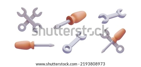 Set of 3d realistic repair keys and screwdriver isolated on white background. Vector illustration