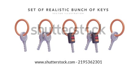 Set of 3d realistic bunch of keys isolated on white background. Vector illustration 