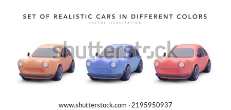 Set of 3d realistic colour cars with shadow isolated on white background. Vector illustration