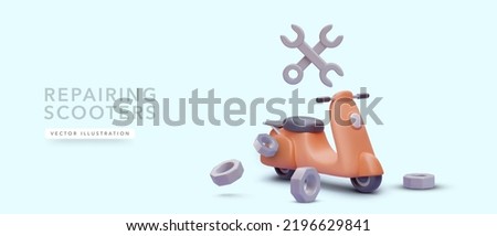 Concept poster for repairing scooter service in 3d realistic style. Vector illustration