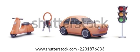 Set of 3d realistic scooter, keys, car, traffic light isolated on white background. Vector illustration