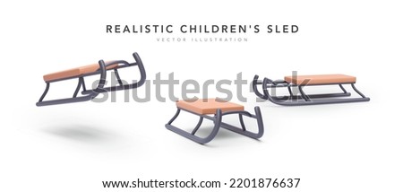 Set of 3d realistic wooden snow sledge isolated on white background. Vector illustration