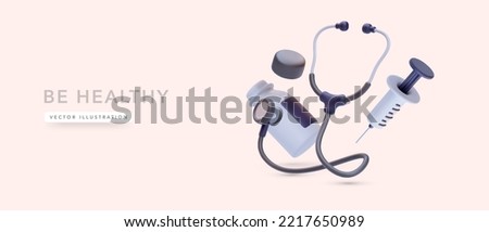 3d realistic stethoscope, syringe and pill box isolated on pink background. Vector illustration