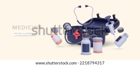 Open first aid kit with pill boxes, syringe, stethoscope in 3d realistic style. Vector illustration