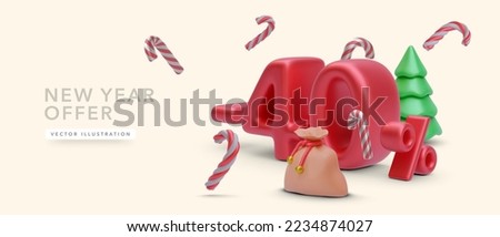 New year discount merry Christmas sale 40 off red numbers, with Christmas decorations on yellow background. Vector illustration