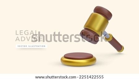 3d realistic wooden judge hammer isolated on a yellow background. Vector illustration