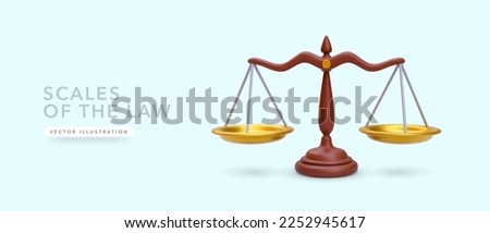 Scales of the law, justice and fairness, concept in cartoon 3d realistic style. Vector illustration