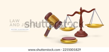 Law and justice, concept with scales and hummer in cartoon 3d realistic style. Vector illustration