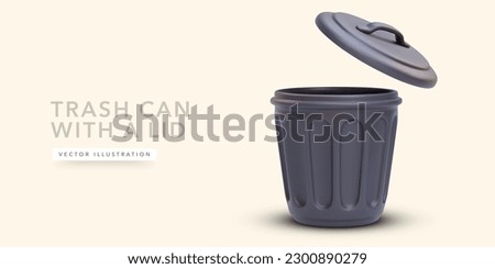Black trash can with lid in 3d realistic style isolated on light background. Vector illustration
