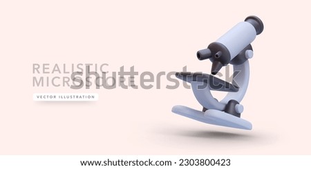 Science and education concept banner with flying microscope with shadow in 3d realistic style isolated on light background. Vector illustration