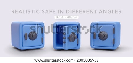 Set of 3d realistic blue safe in different angles with shadow isolated on light background. Vector illustration