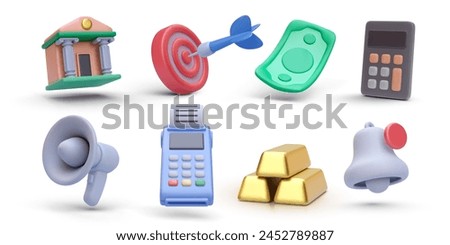 Set of 3d realistic financial vector icons isolated on white background. Bank, target, dollar, calculator, megaphone, pos, gold bars, bell