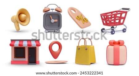 Set of 3d realistic promoting vector icons isolated on white background. Megaphone, timer, discount, cart, store, pointer, bag, gift