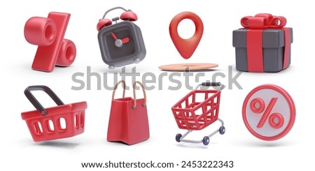 Set of 3d realistic sale vector icons isolated on white background. Discount, watch, pointer, cart, basket, bag