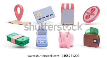 Set of 3d realistic business vector icons isolated on white background. Map, credit card, store, discount, money, pos, piggy, wallet