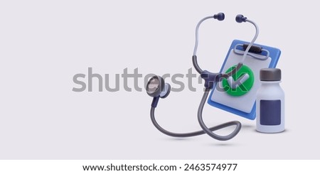 Professional medical clinic concept banner in 3d realistic style with stethoscope, pills, clipboard. Vector illustration