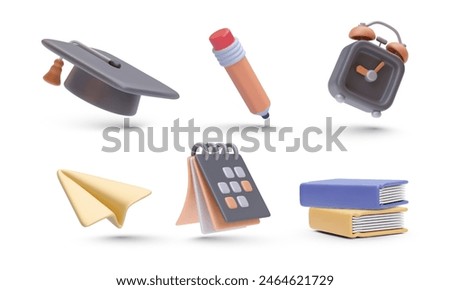 Set of school elements books, calendar, graduation cap, clock, pencil, paper plane in 3d realistic style. Vector illustration