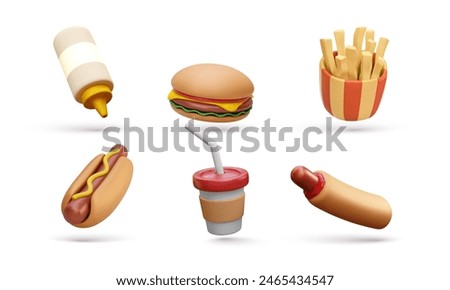 Set of fast food elements isolated on white background. Sauce, burger, french fries, hot dog, coffee in 3D realistic style. Vector illustrator