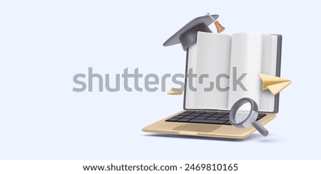 Online education concept in 3d realistic style with book, laptop, graduation cap, paper plane. Vector illustration