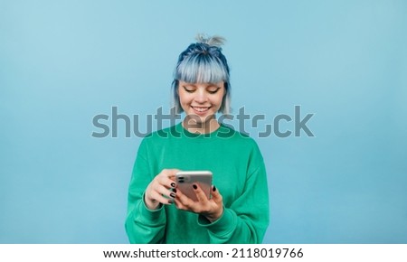 Image, Stock Photo Girl with blue hair and pink makeup with light dots on her face