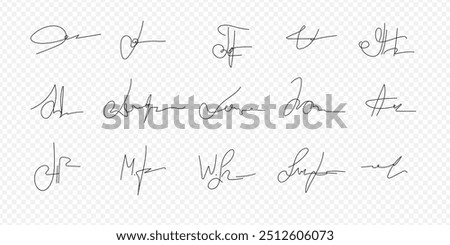 Fake signatures. Fake autograph. Personal signature calligraphy. Contrived signature. Various autographs for documents. Ink autograph	