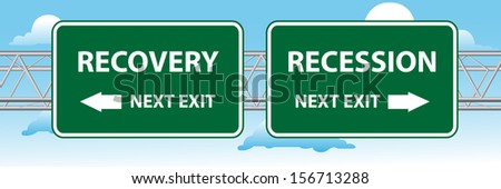 Street sign point to recovery and recession on blue sky background
