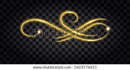 Gold glitter flourish. Design element isolated sith golden glow effect, sparkles and neon shine. Vector illustration