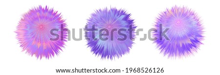 Fur colorful pompoms. Fluffy  ball  with furry texture. Rainbow holographic colors, pink and purple. Set off isolated objects on white background. Vector illustration