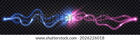 Electric discharge collision, blue vs pink shock effect., glowing lightning thunder bolt. Electric light flash, power wire impulse. Swirl wavy cable. Isolated effect. Vector illustration