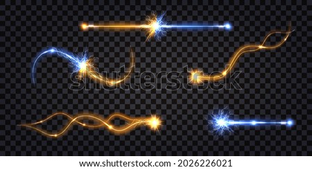 Electric discharge collision, blue vs yellow shock effect., glowing lightning thunder bolt. Electric light flash, power wire impulse. Swirl wavy cable. Isolated effect. Vector illustration